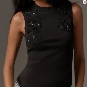 Anthropologie Beaded Appliqué Tank black